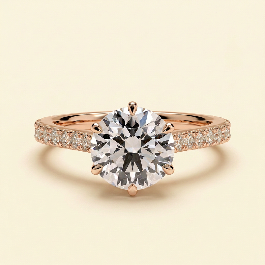 The Malia - Round Cut Lab Grown Diamond Six Claw Cathedral Solitaire with Pave Band Engagement Ring - Rose Gold