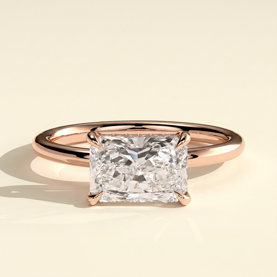 The Feya - Radiant Cut Lab Grown Diamond East West Four Claw Solitaire Ring with Hidden Halo - Rose Gold