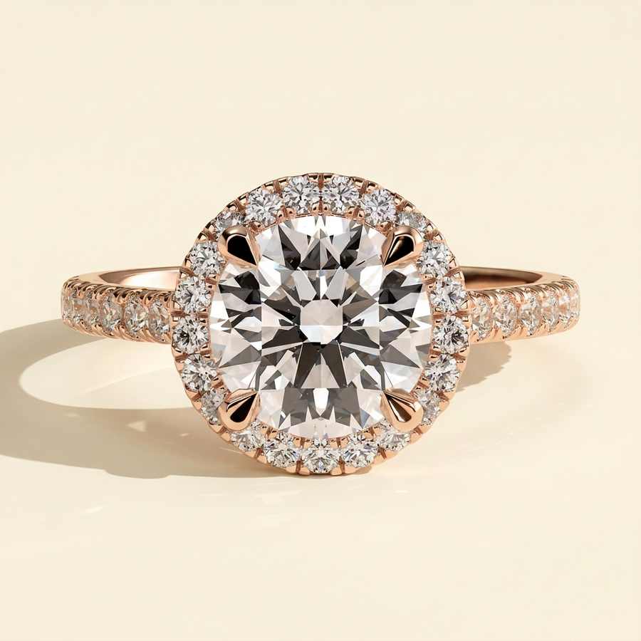 The Stella - Round Cut Lab Grown Diamond Cathedral Halo with Pave Band Engagement Ring - Rose Gold