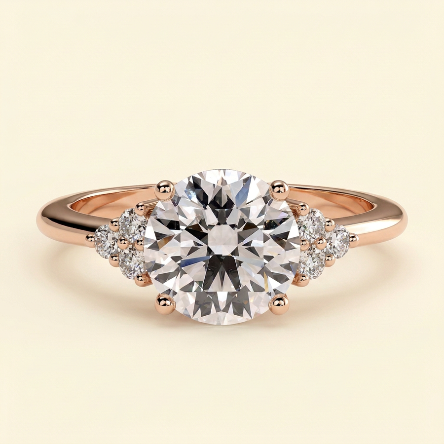 The Gioia - Round Cut Lab Grown Diamond Solitaire Engagement Ring with Round Shoulder Stones - Rose Gold