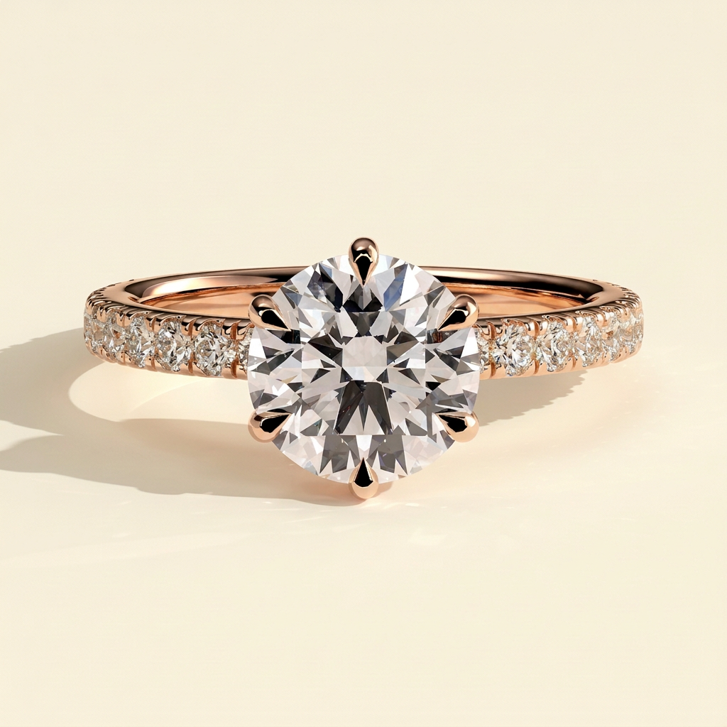 The Mirelle - Round Cut Lab Grown Diamond Hidden Halo Solitaire with Pave Collar and Pave Band Engagement Ring