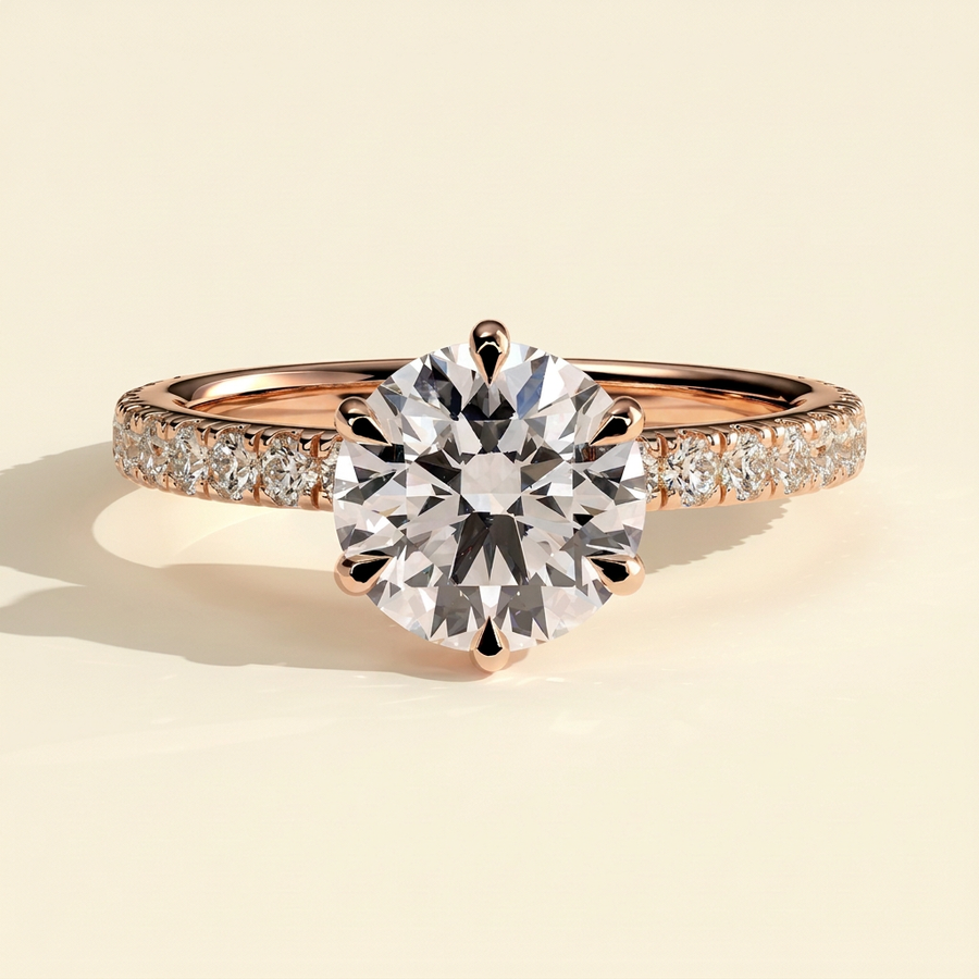 The Mirelle - Round Cut Lab Grown Diamond Hidden Halo Solitaire with Pave Collar and Pave Band Engagement Ring - Rose Gold