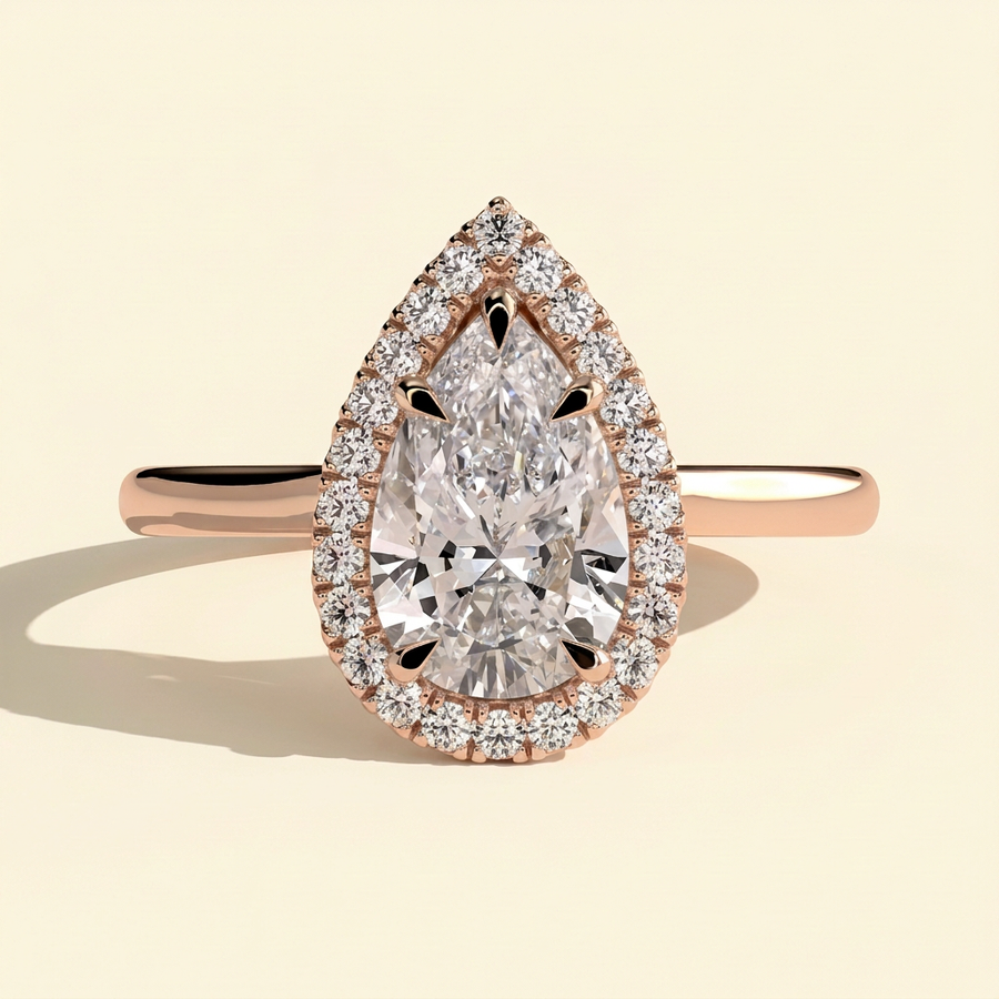 The Eleria - Pear Cut Lab Grown Diamond Five Claw Halo Engagement Ring with Cathedral High Setting - Rose Gold