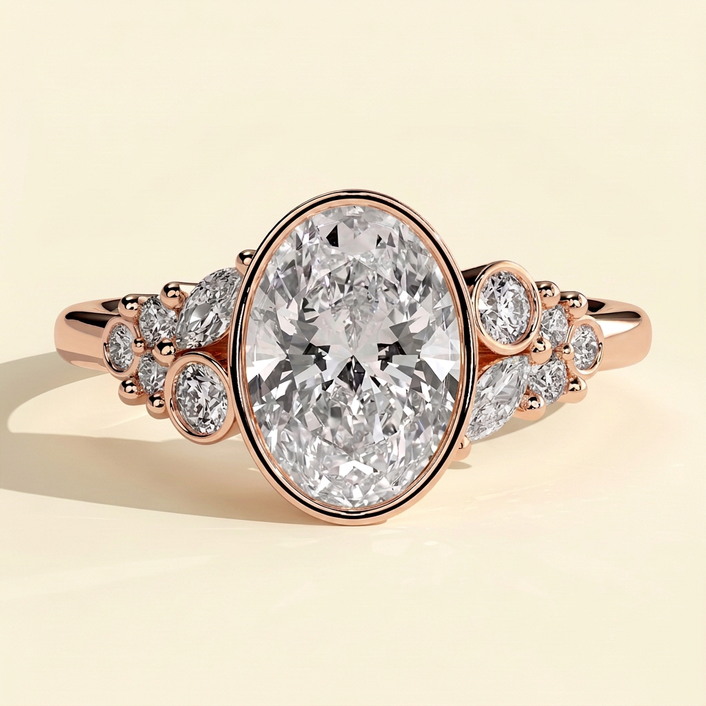 The Gemelle - Oval Cut Lab Grown Diamond Bezel Set Engagement Ring with Clustered Shoulder Accents