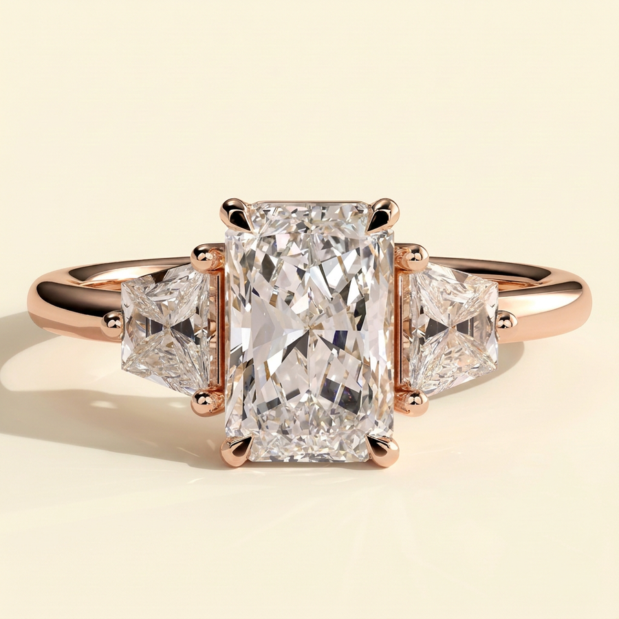 The Celene - Radiant Cut Lab Grown Diamond Trilogy with Trapezoid Side Stones in Low Setting Engagement Ring - Rose Gold