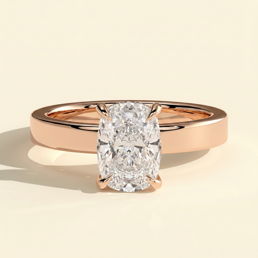 The Maris - Elongated Cushion Cut Lab Grown Diamond Hidden Halo Solitaire with Flat Cigar Band Engagement Ring - Rose Gold