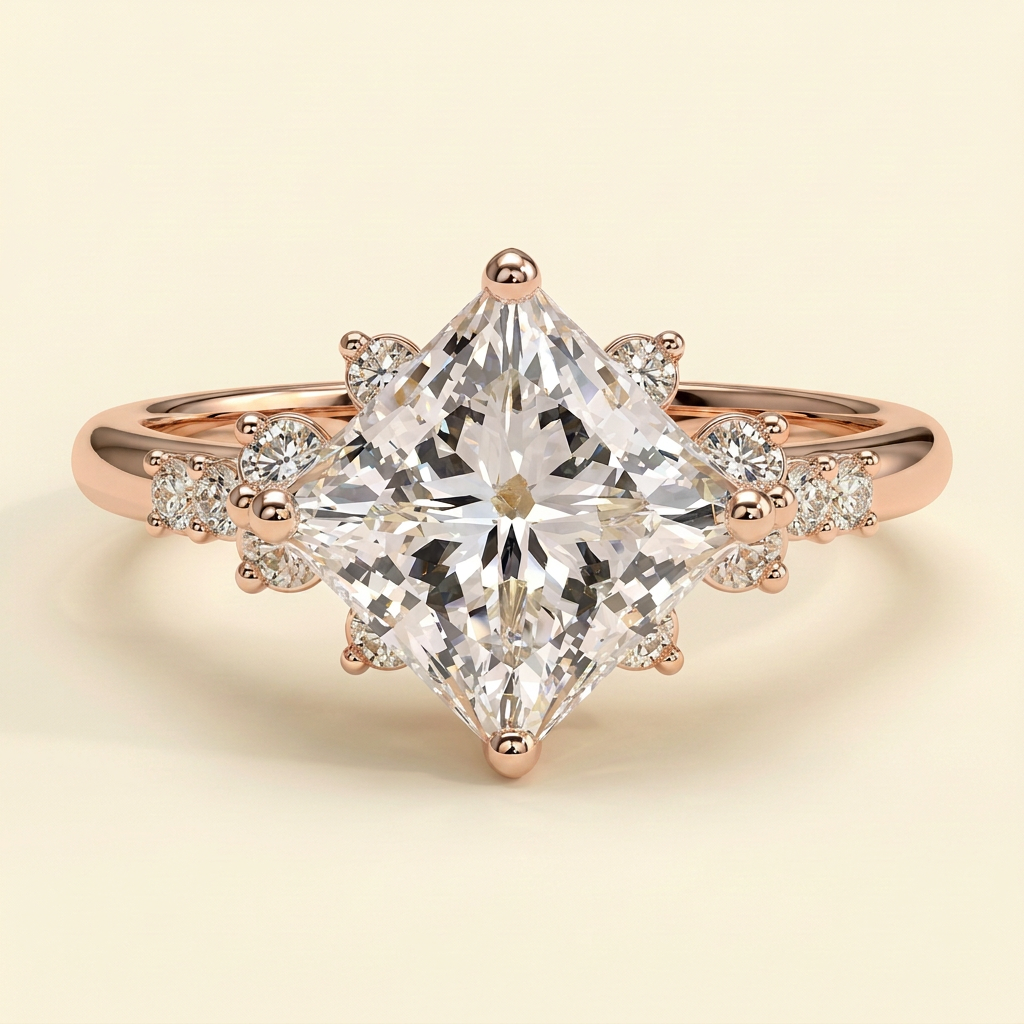 The Velora - Princess Cut Lab Grown Diamond Solitaire with Angled Setting and Round Accent Clusters Engagement Ring