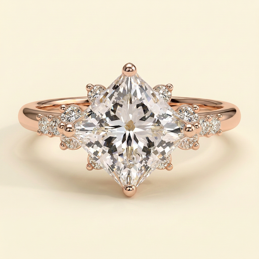 The Velora - Princess Cut Lab Grown Diamond Solitaire with Angled Setting and Round Accent Clusters Engagement Ring - Rose Gold