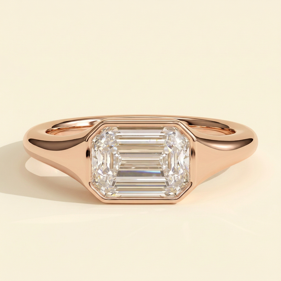 The Joia - Emerald Cut Lab Grown Diamond East West Bezel Set Solitaire with Signet Band Engagement Ring - Rose Gold