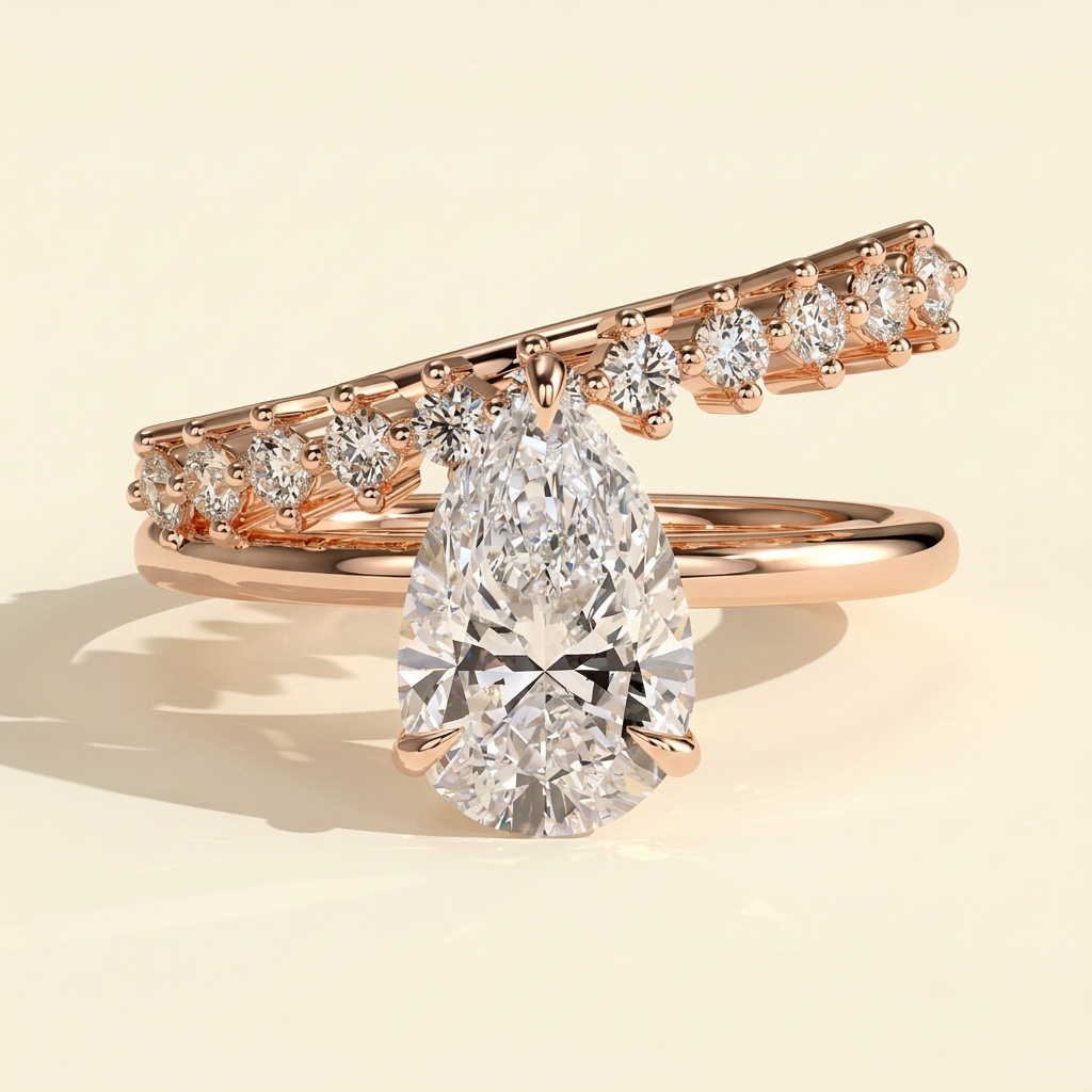 The Astera - Pear Cut Lab Grown Diamond Solitaire with Hidden Halo and Plain and Pave Double Band Engagement Ring