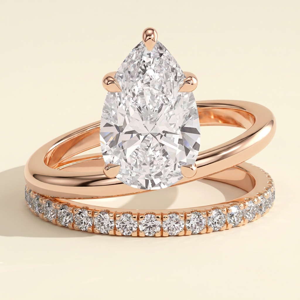 The Teila - Pear Cut Lab Grown Diamond Double Band Engagement Ring with Pave