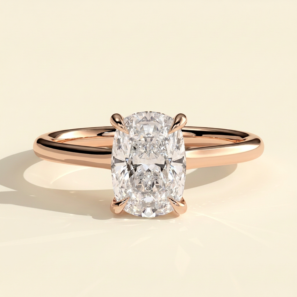 The Blythe - Elongated Cushion Cut Lab Grown Diamond Four Claw Solitaire with Hidden Halo and Cathedral High Setting Engagement Ring