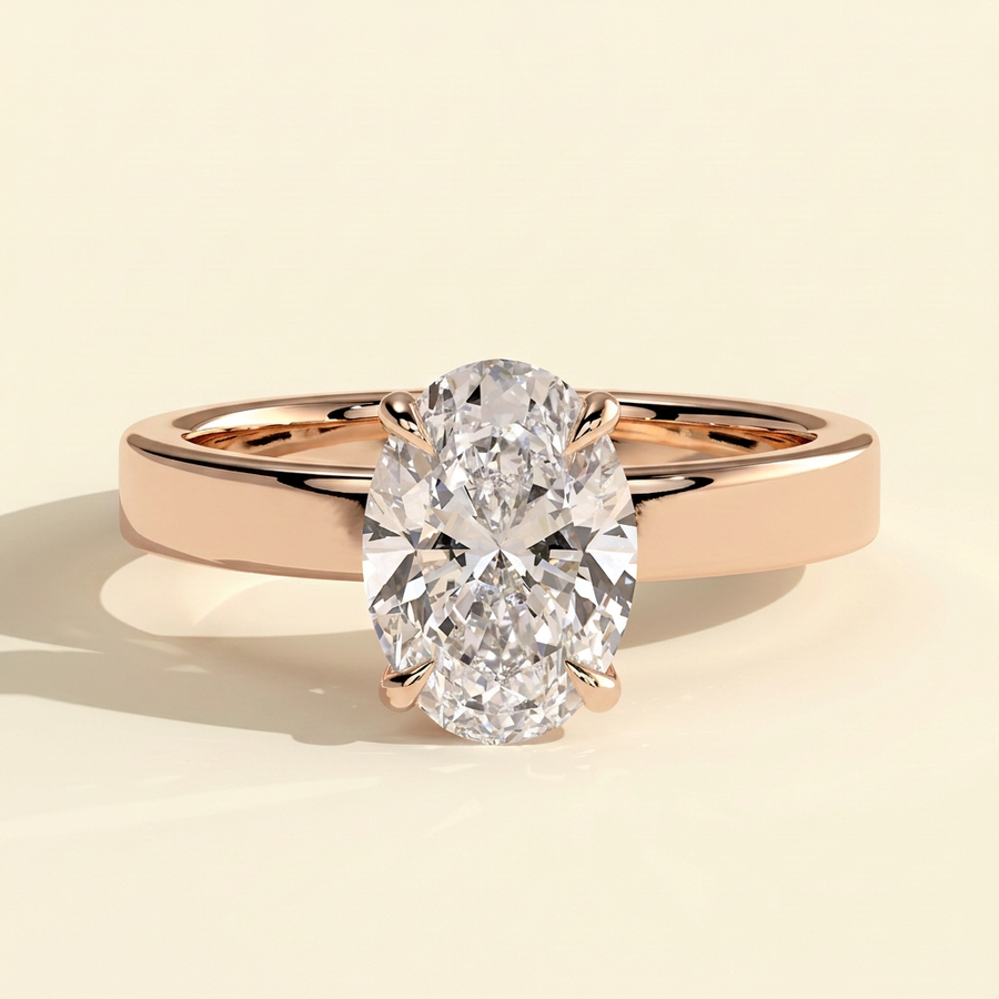 The Novia - Oval Cut Lab Grown Diamond Hidden Halo Solitaire with Flat Cigar Band Engagement Ring - Rose Gold