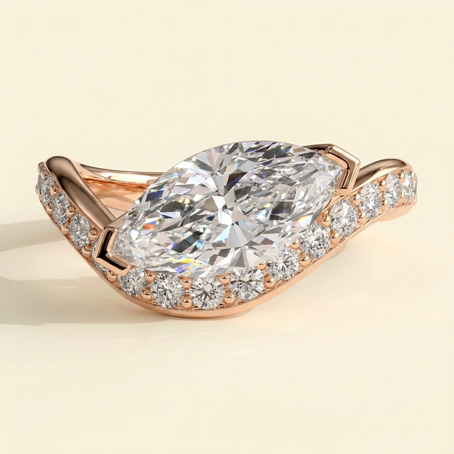 The Inara - Marquise Cut Lab Grown Diamond East West V Tipped Claw with Pave Wave Band Engagement Ring - Rose Gold