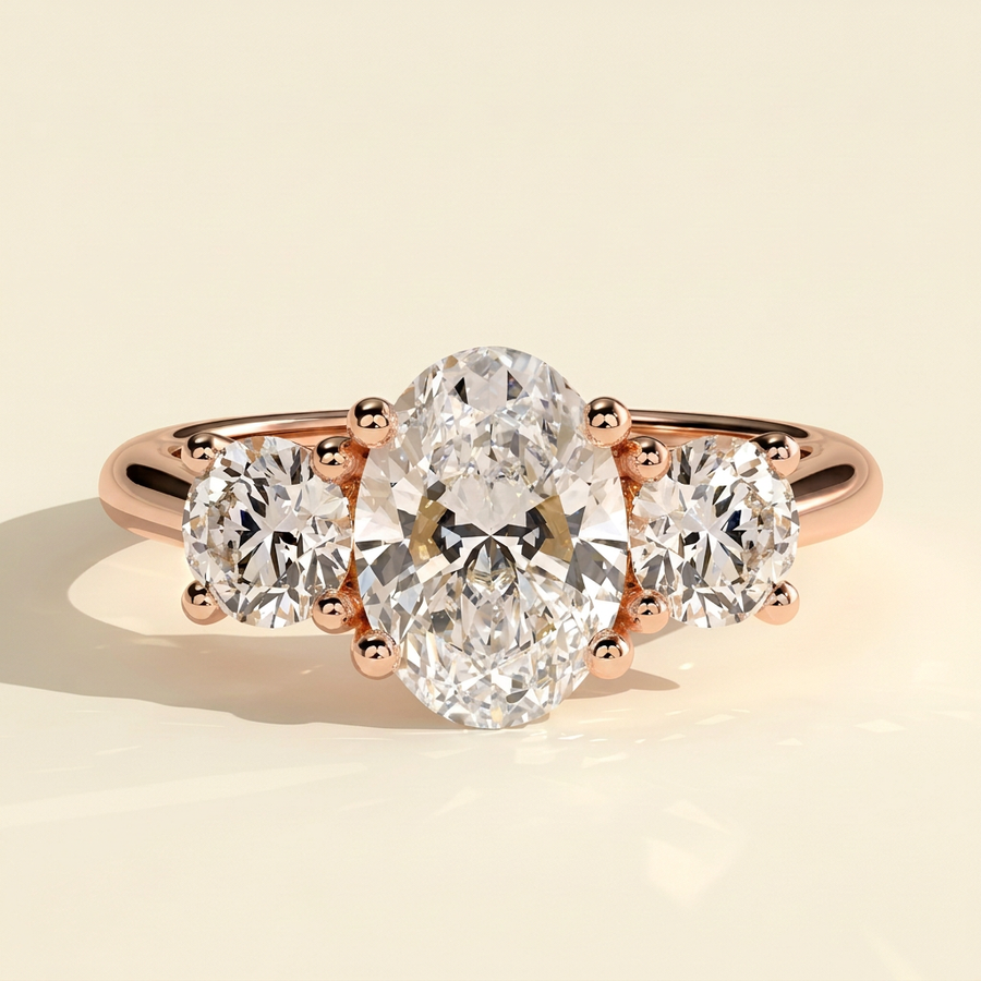The Gemma - Oval Cut Lab Grown Diamond Three Stone Engagement Ring with Round Side Stones - Rose Gold