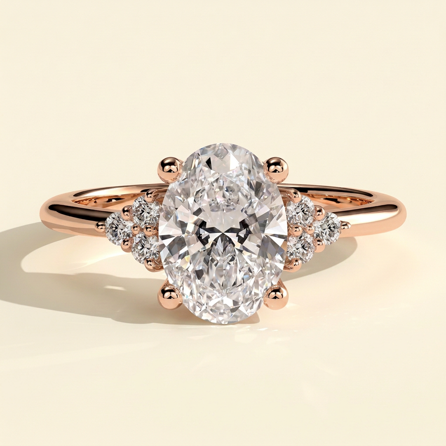 The Lumiere - Oval Cut Lab Grown Diamond Solitaire with Clustered Round Shoulder Stones Engagement Ring - Rose Gold