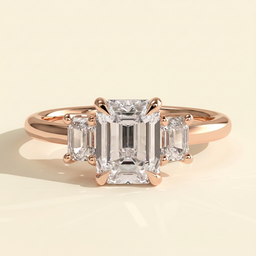 The Miriana - Emerald Cut Lab Grown Diamond Three Stone Engagement Ring with Matching Emerald Side Stones and Low Basket Setting - Rose Gold