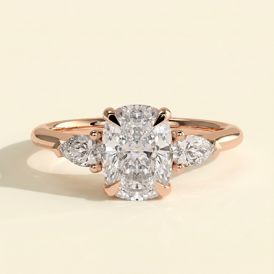The Anella - Elongated Cushion Lab Grown Diamond Three Stone with Pear Side Stones Engagement Ring - Rose Gold