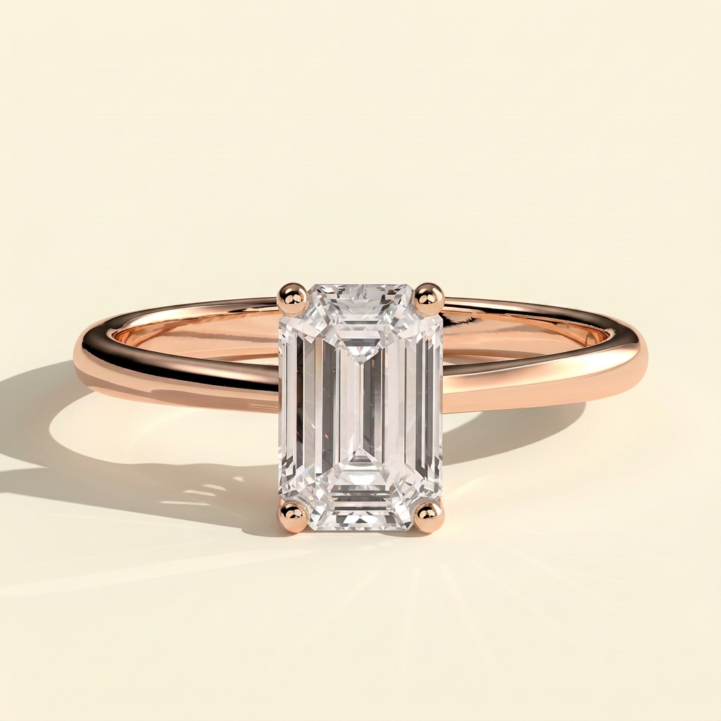 The Lera - Emerald Cut Lab Grown Diamond Four Claw Low Set Solitaire Engagement Ring