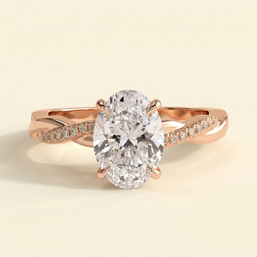 The Runa - Oval Cut Lab Grown Diamond Hidden Halo Solitaire with Braided Pave Band Engagement Ring - Rose Gold