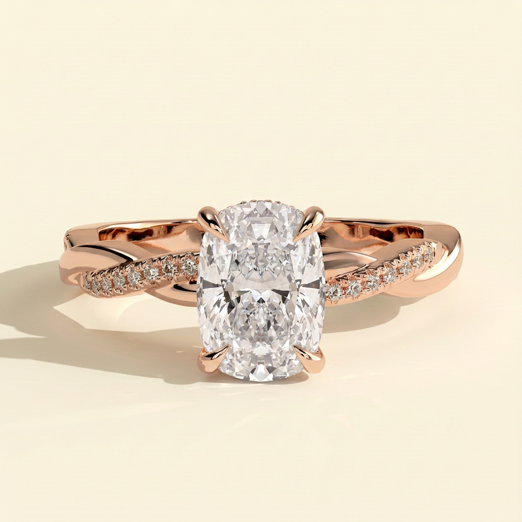 The Orella - Elongated Cushion Cut Lab Grown Diamond Hidden Halo Solitaire with Twisted Alternating Pave Band Engagement Ring