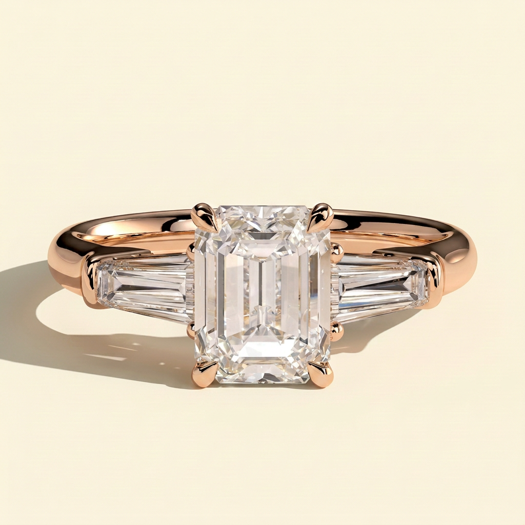The Liora - Emerald Cut Lab Diamond Three Stone with Tapered Baguette Side Stones Engagement Ring