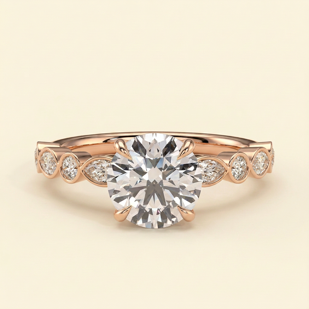 The Evora - Round Lab Diamond Solitaire with Round-Marquise Bezel Accent Stones Ring