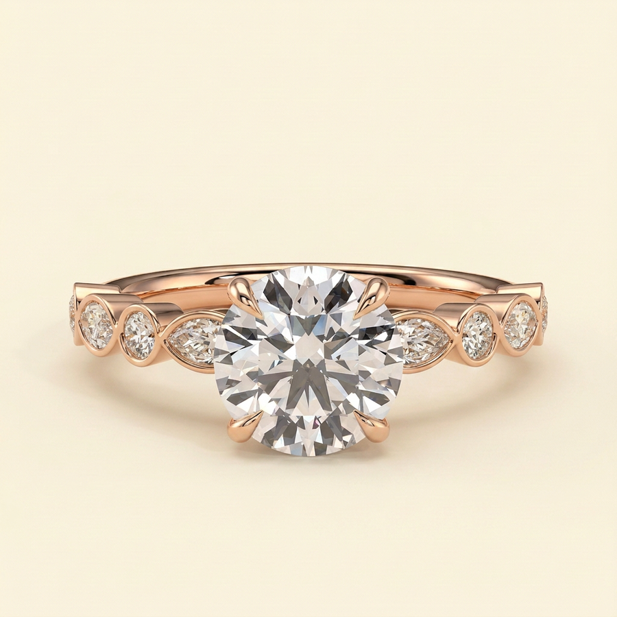 The Evora - Round Lab Diamond Solitaire with Round-Marquise Bezel Accent Stones Ring - Rose Gold