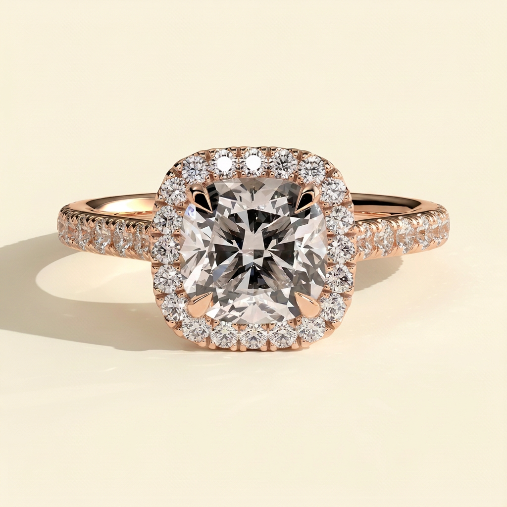 The Soleia - Cushion Cut Lab Grown Diamond Halo with Pave Band and Cathedral Setting Engagement Ring