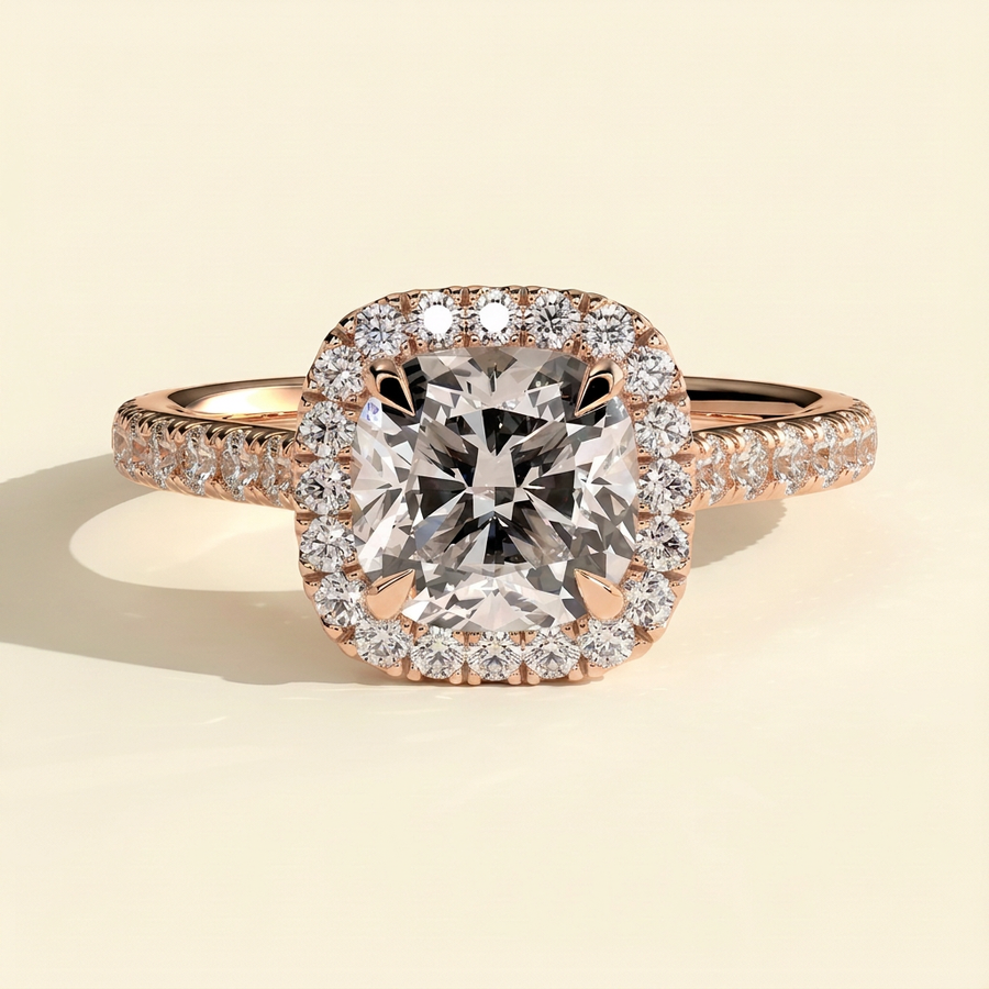 The Soleia - Cushion Cut Lab Grown Diamond Halo with Pave Band and Cathedral Setting Engagement Ring - Rose Gold