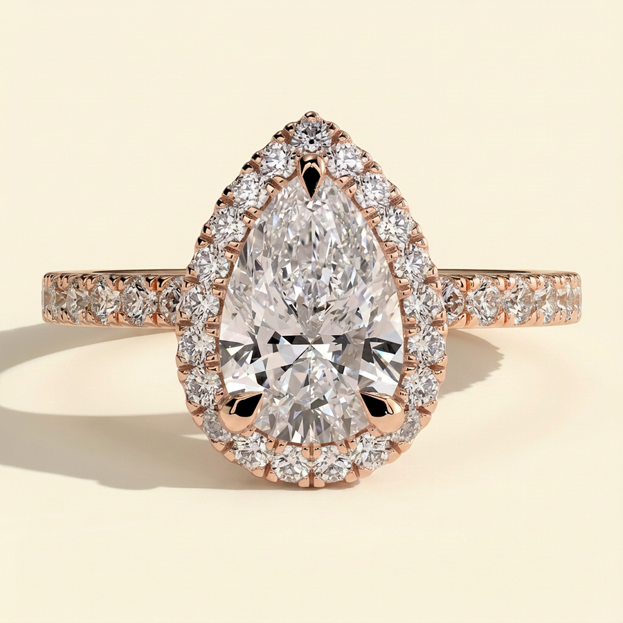 The Minelle - Pear Cut Lab Grown Diamond Three Claw Halo with Pave Band Engagement Ring - Rose Gold