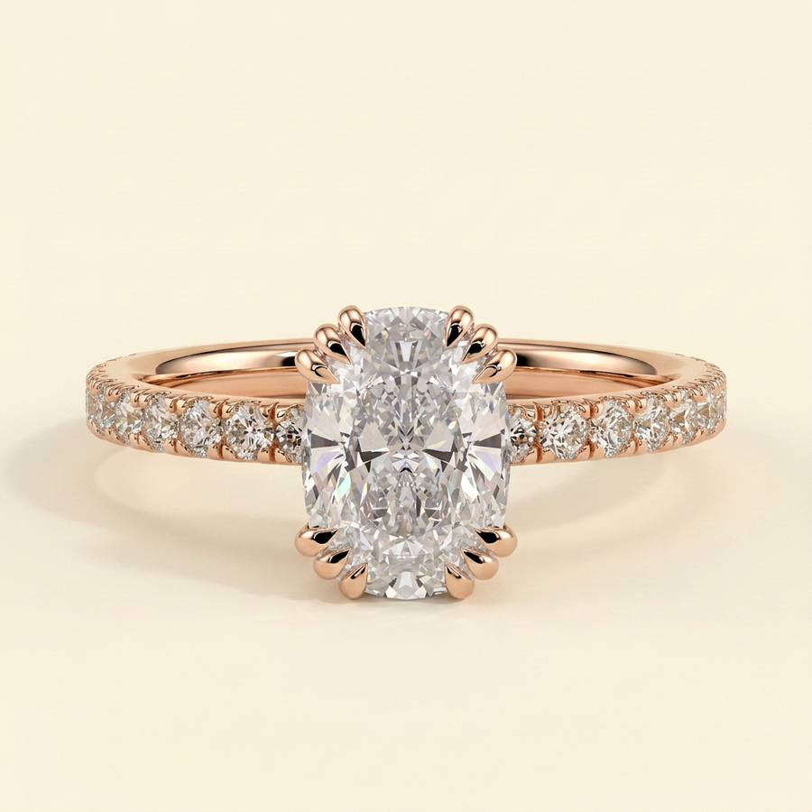The Sera - Elongated Cushion Cut Lab Grown Diamond Triple Claw Solitaire with Pave Band Engagement Ring - Rose Gold