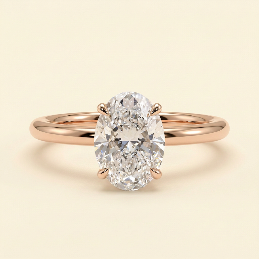 The Oriel - Oval Lab Grown Diamond Solitaire with Wrap Around Hidden Halo Engagement Ring - Rose Gold