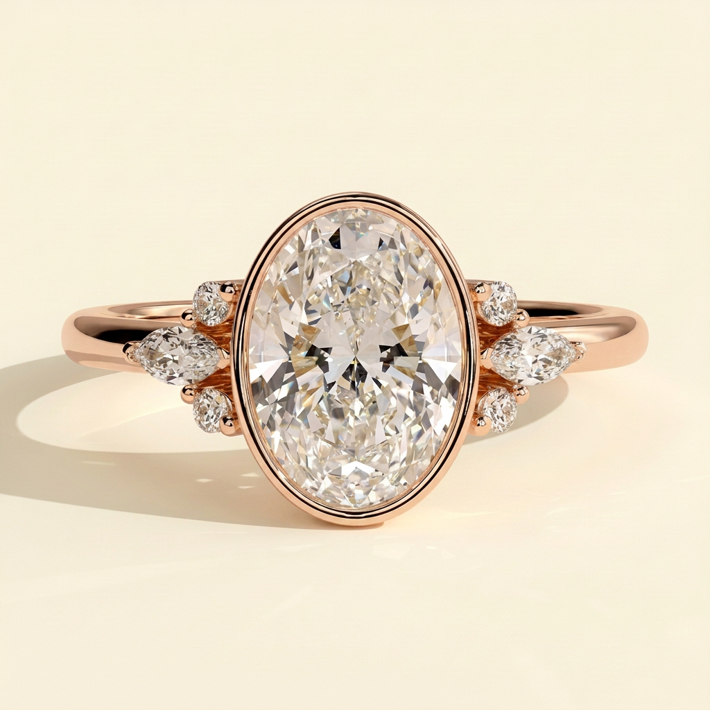 The Ziva - Oval Cut Lab Grown Diamond Bezel Set Solitaire with Marquise and Round Shoulder Stones Engagement Ring