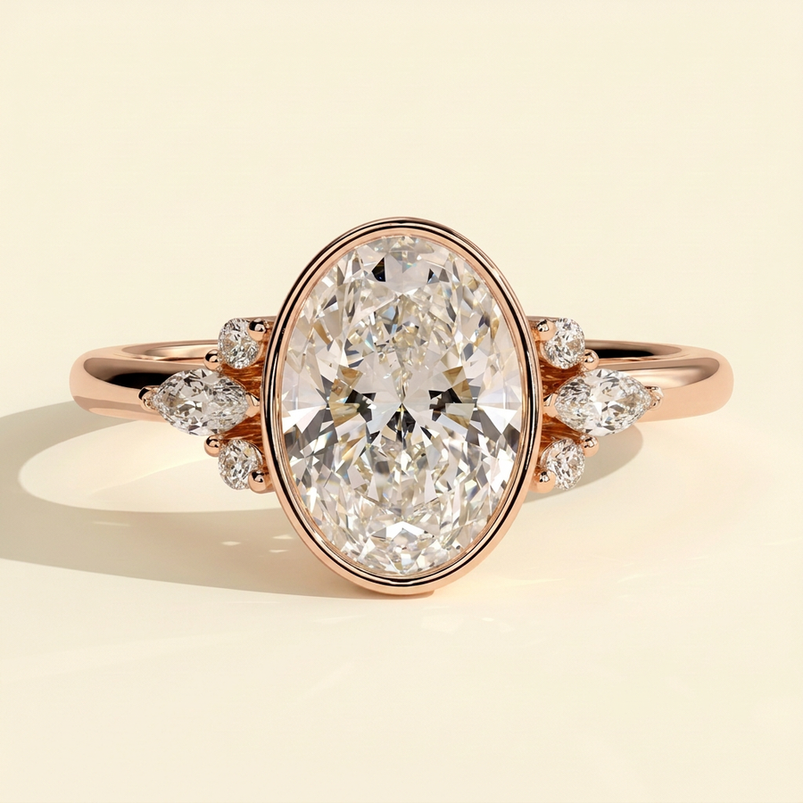 The Ziva - Oval Cut Lab Grown Diamond Bezel Set Solitaire with Marquise and Round Shoulder Stones Engagement Ring - Rose Gold