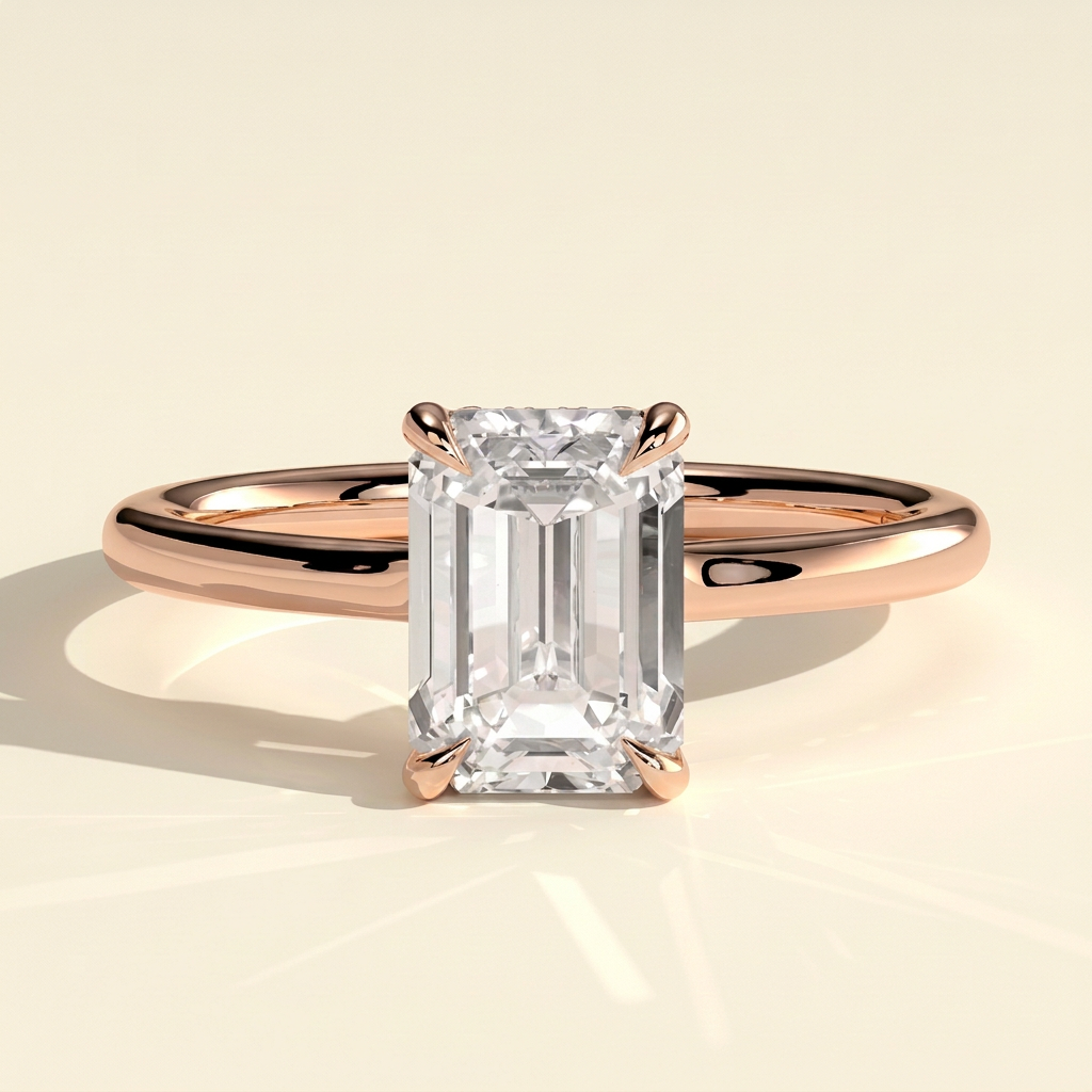 The Solera - Emerald Cut Lab Grown Diamond Low Set Solitaire with Hidden Halo and Open Bridge Engagement Ring