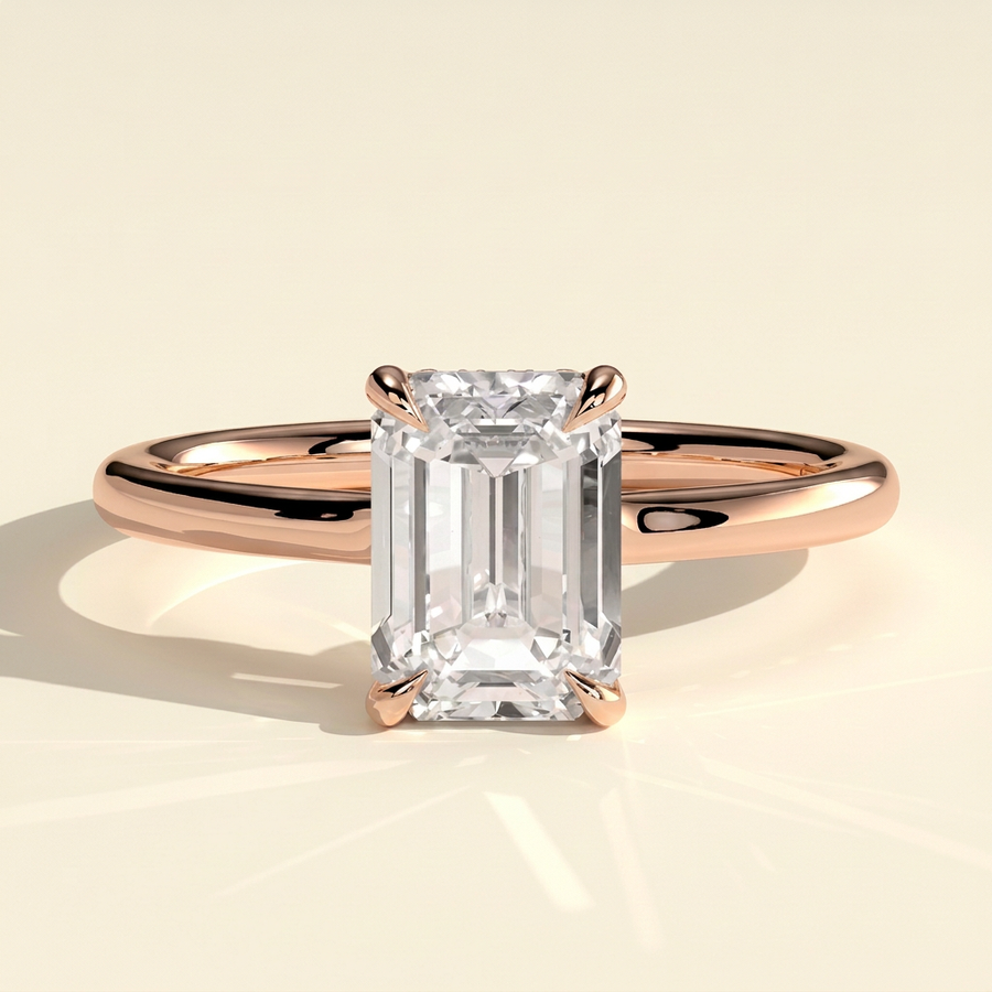 The Solera - Emerald Cut Lab Grown Diamond Low Set Solitaire with Hidden Halo and Open Bridge Engagement Ring - Rose Gold