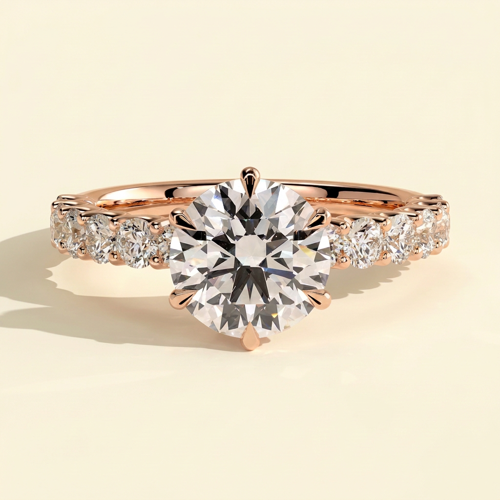 The Levana - Round Cut Lab Grown Diamond Six Claw Solitaire with Half Eternity Band Engagement Ring