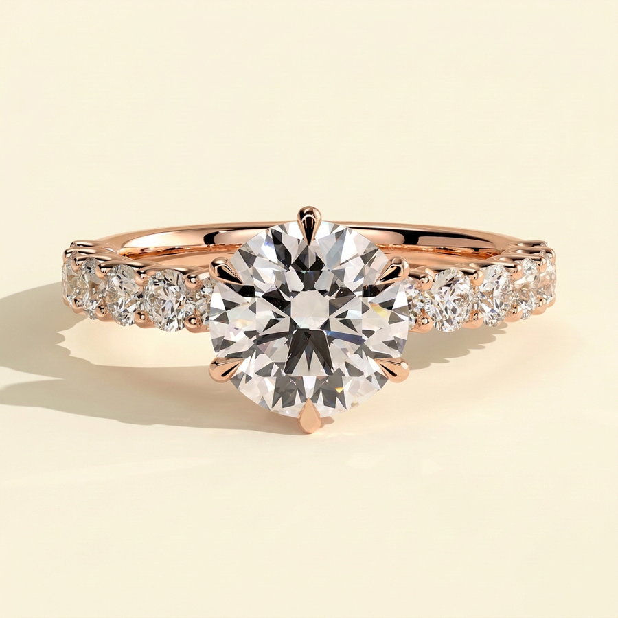 The Levana - Round Cut Lab Grown Diamond Six Claw Solitaire with Half Eternity Band Engagement Ring - Rose Gold