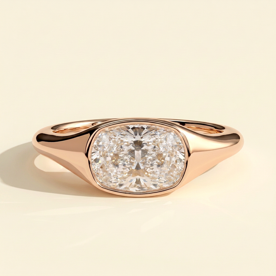 The Xara - Elongated Cushion Cut Lab Grown Diamond East West Bezel Set Solitaire with Signet Band Engagement Ring - Rose Gold
