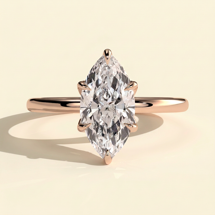 The Urelle - Marquise Cut Lab Grown Diamond Six Claw Solitaire with Petal Gallery and Accent Leaf Detail Engagement Ring - Rose Gold