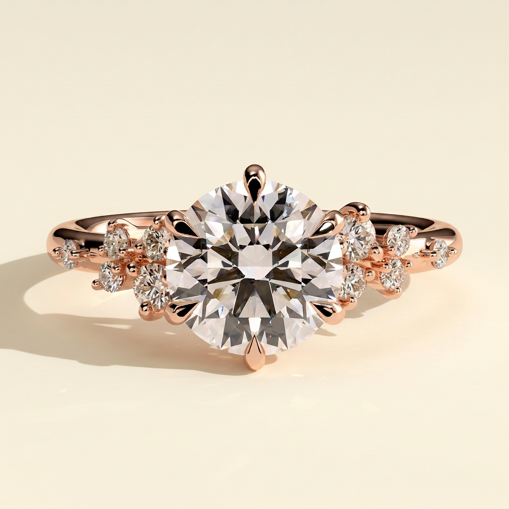 The Zephyra - Round Cut Lab Grown Diamond Basket Set Solitaire with Clustered Round Shoulder Stones Engagement Ring