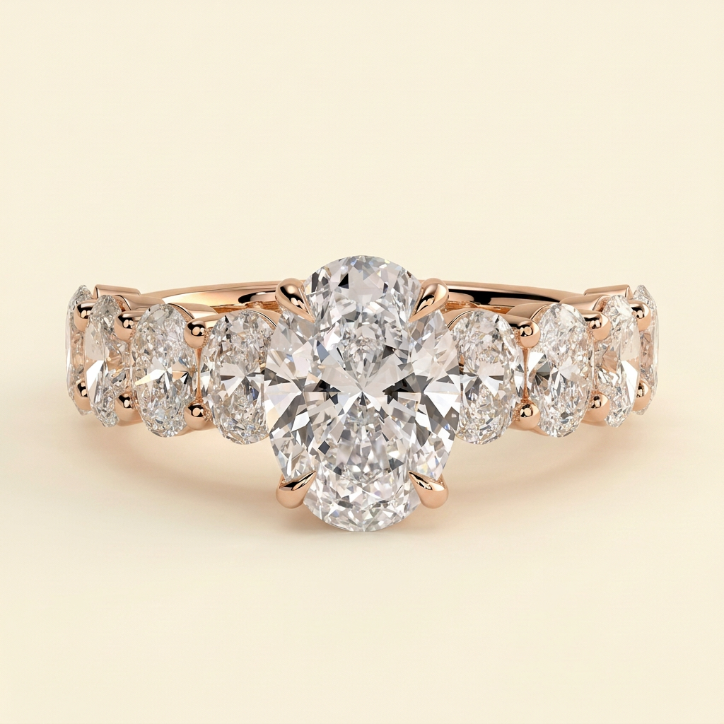 The Tesoro - Oval Cut Lab Grown Diamond Solitaire with Oval Half Eternity Band and Hidden Halo Engagement Ring
