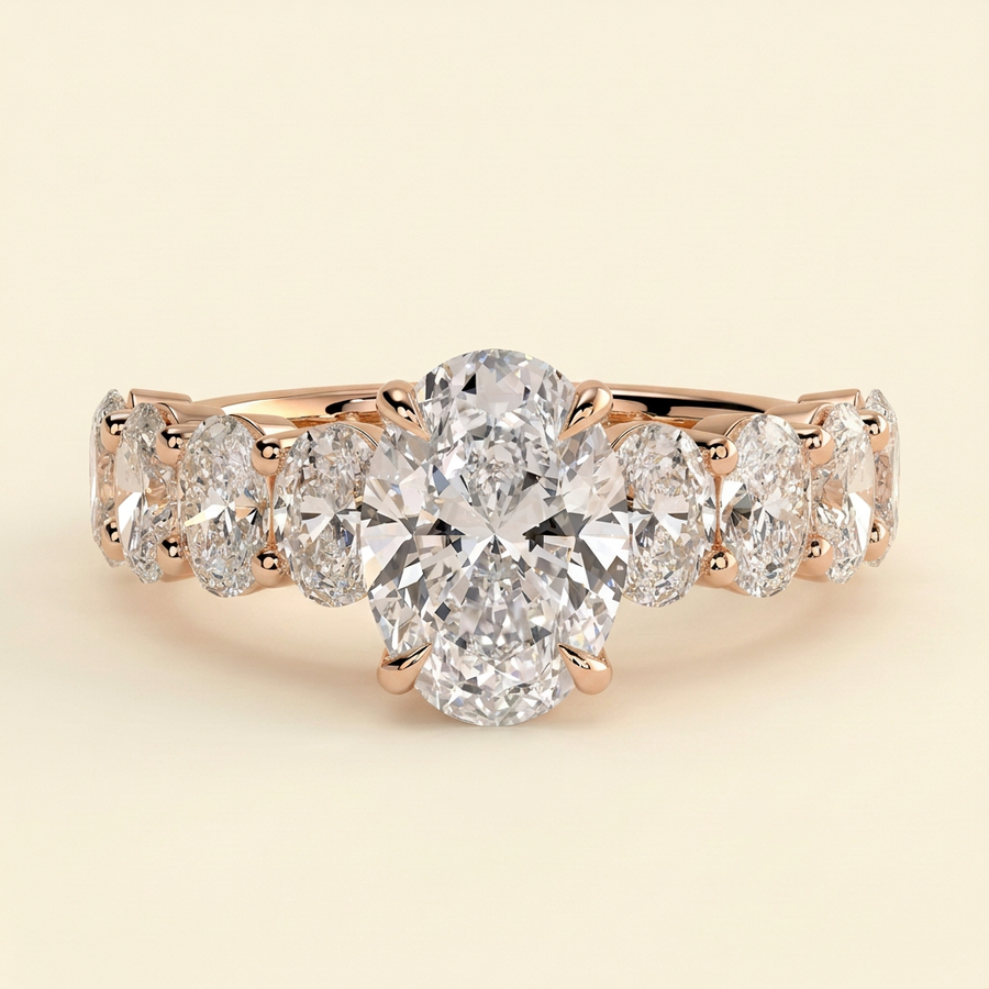 The Tesoro - Oval Cut Lab Grown Diamond Solitaire with Oval Half Eternity Band and Hidden Halo Engagement Ring - Rose Gold