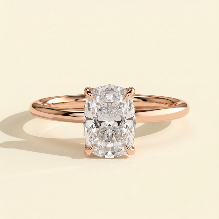The Ulani - Elongated Cushion Cut Lab Grown Diamond Claw Solitaire with Petal Gallery and Accent Leaf Detail Engagement Ring - Rose Gold