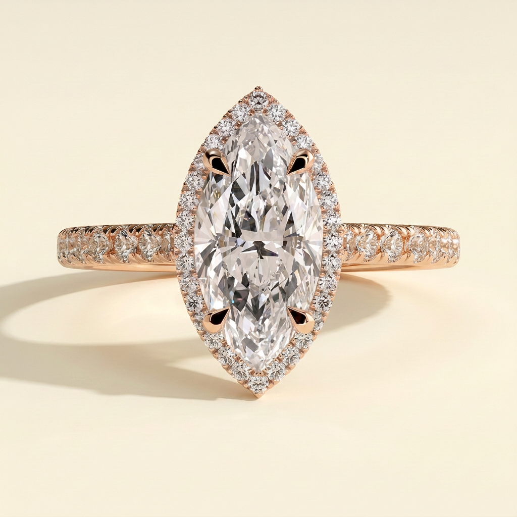 The Theia - Marquise Cut Lab Grown Diamond Eagle Claw Halo with Cathedral Arches and Pave Band Engagement Ring