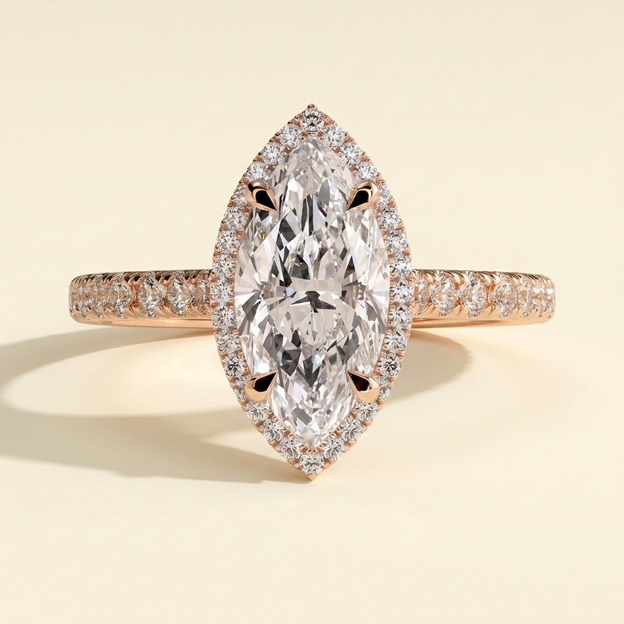 The Theia - Marquise Cut Lab Grown Diamond Eagle Claw Halo with Cathedral Arches and Pave Band Engagement Ring - Rose Gold