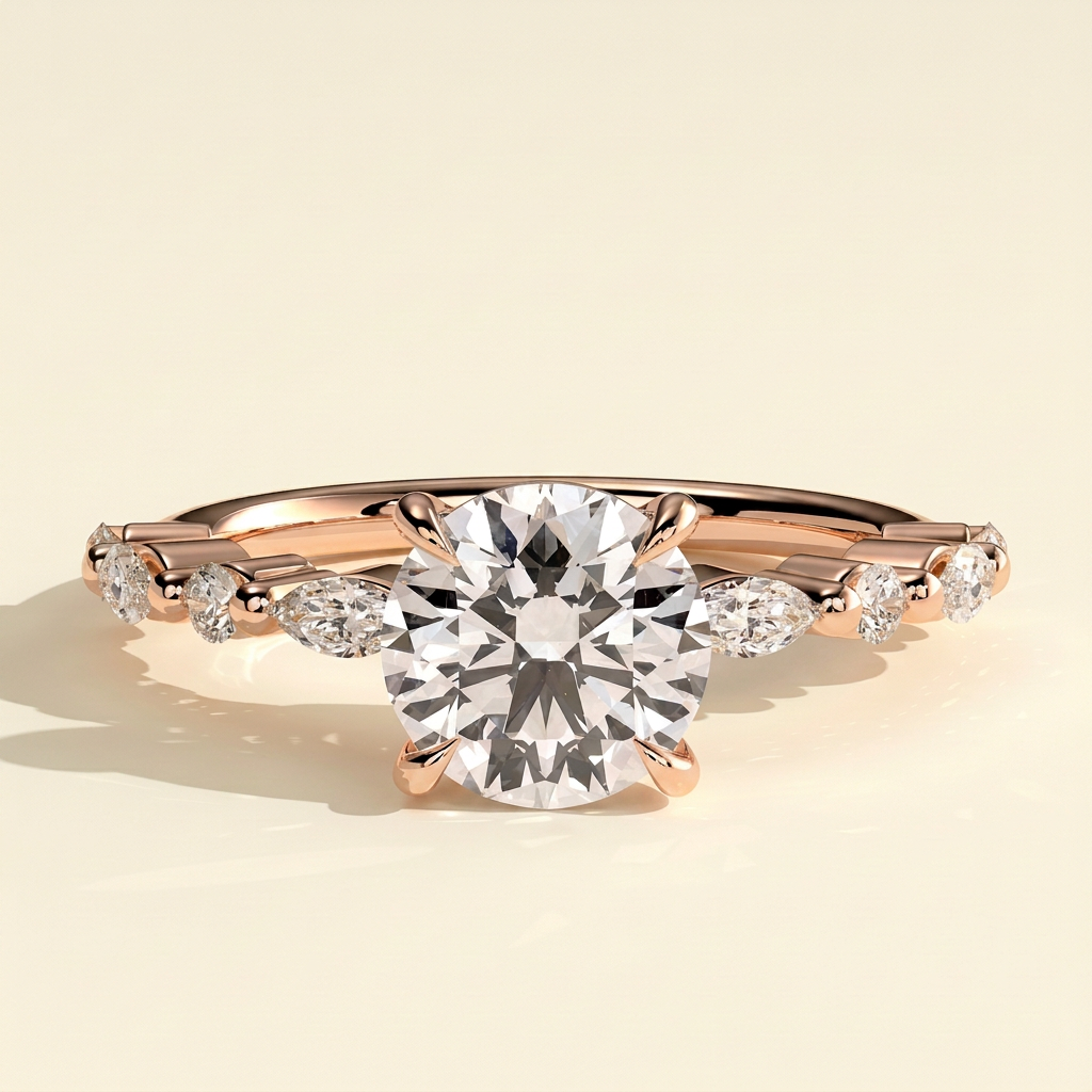 The Larina - Round Cut Lab Grown Diamond Claw Solitaire with Marquise and Round Accent Band Engagement Ring