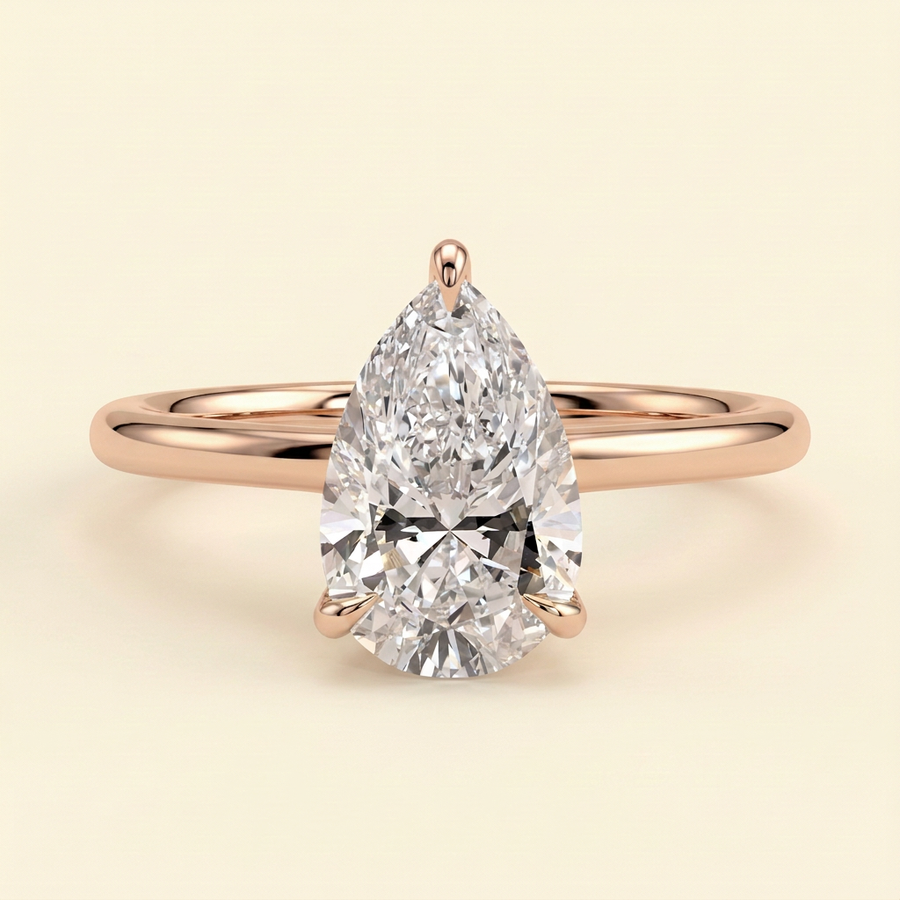 The Honora - Pear Cut Lab Grown Diamond Three Claw Cathedral Solitaire with Hidden Halo Engagement Ring - Rose Gold
