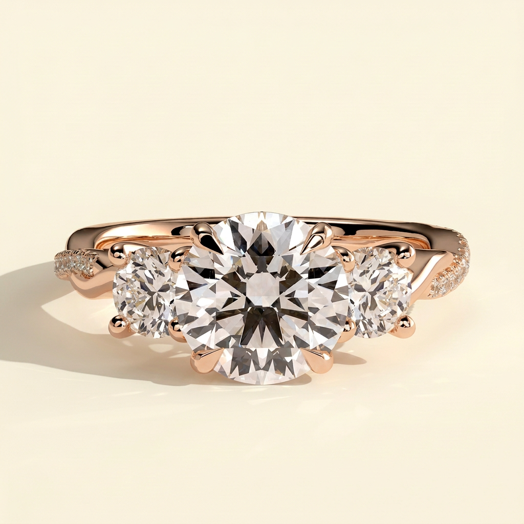 The Golda - Round Cut Lab Grown Diamond Three Stone Engagement Ring with Twisted Pave Band